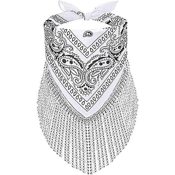 White Paisley Bandana Scarf with Rhinestone Fringe – Western Festival Accessory - Picture 1 of 7